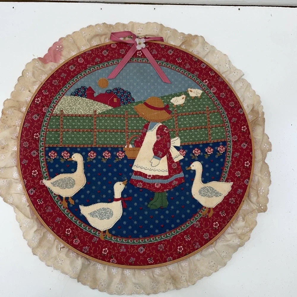 Vintage 1990s Round Country Farm Girl Wall Hanging Grannycore Lace Trim Framed